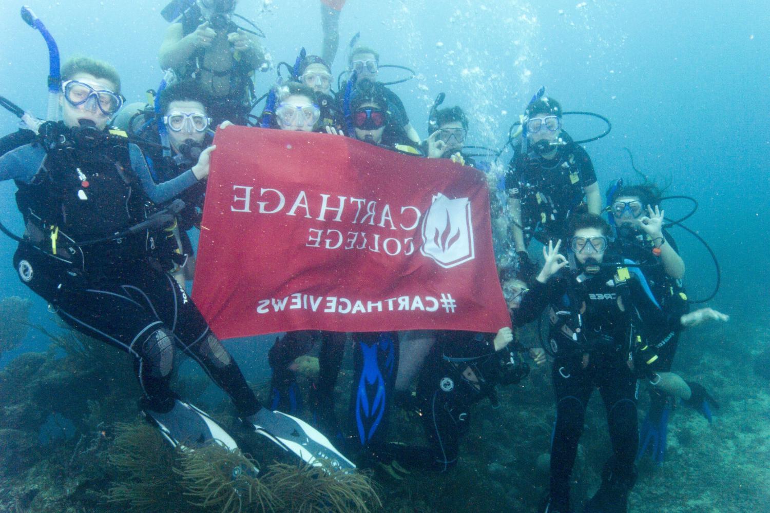 学生们手持<a href='http://gam49m.uncsj.com'>bv伟德ios下载</a>旗帜，在j学期洪都拉斯游学之旅中潜水.